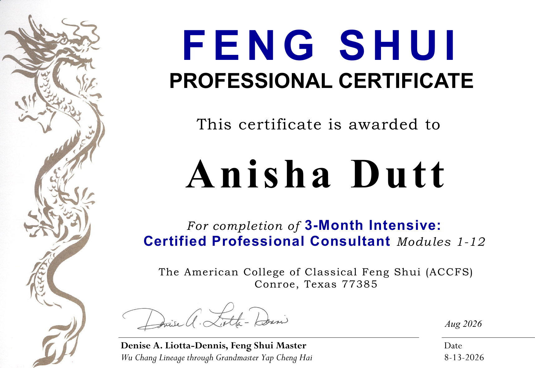 Feng Shui Professional Certificate — Anisha Dutt, The American College of Classical Feng Shui